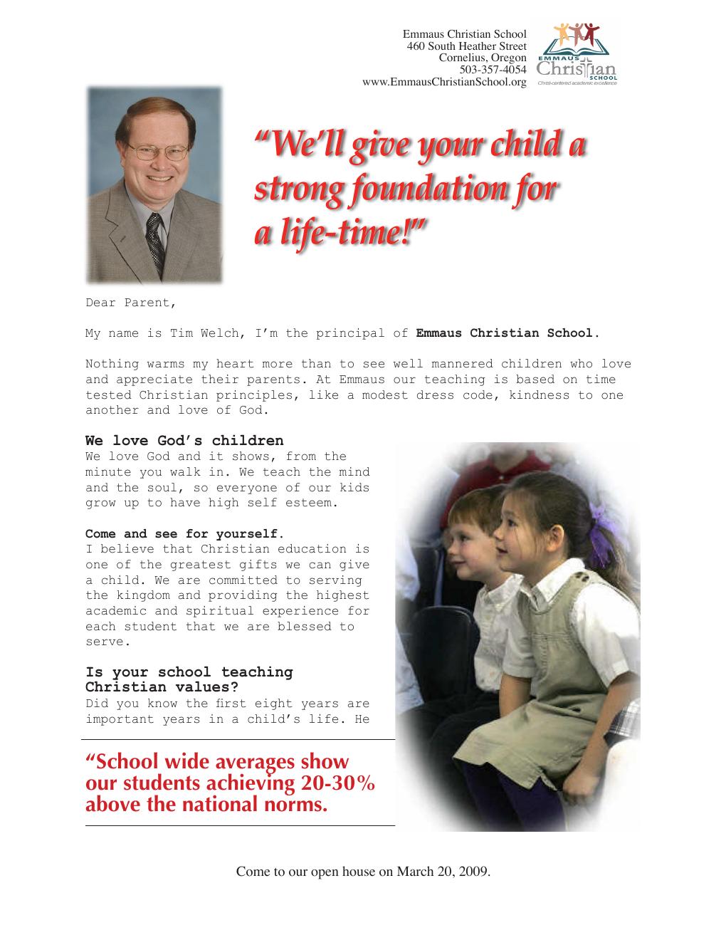 Emmaus Christian School enrollment direct mail