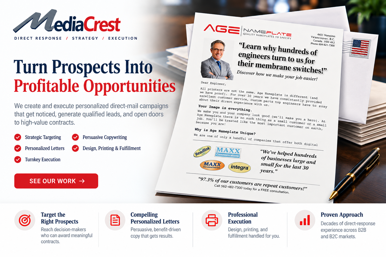 MediaCrest personalized direct-mail campaign concept: Turn Prospects Into Profitable Opportunities, with an example sales letter and turnkey campaign services